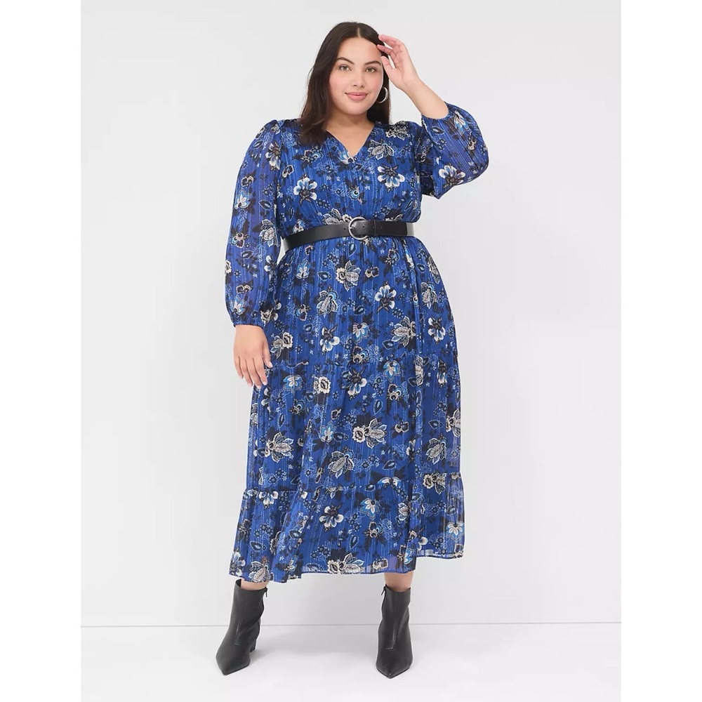 Lane Bryant Blue Floral Lurex Shimmer V-Neck Maxi Dress Women’s Size 18/20